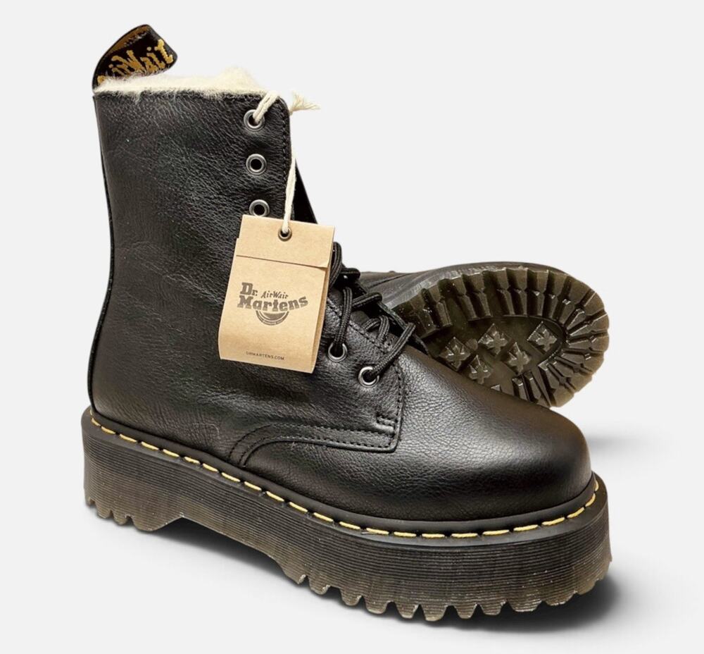 Dr Martens Jadon Pisa Black Leather Faux Fur Lined Platform Boots Size 9 NIB